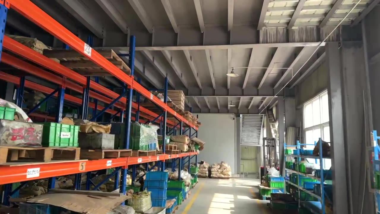 Warehouse racking holding packing material on the fourth floor