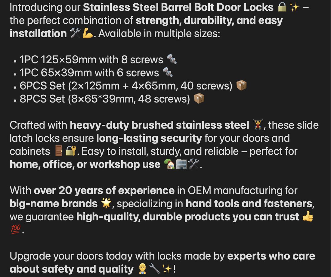 Stainless steel barrel bolt door lock