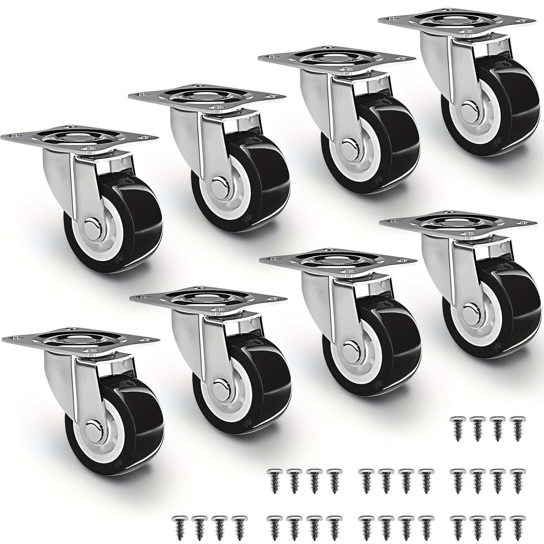 Swivel casters, plate mount, set of eight with screws